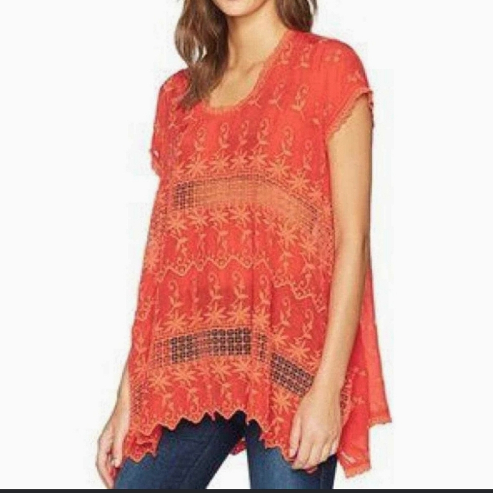Johnny Was Liliano Embroidered Crochet short Sleeve Asymmetrical Boho Tunic Top